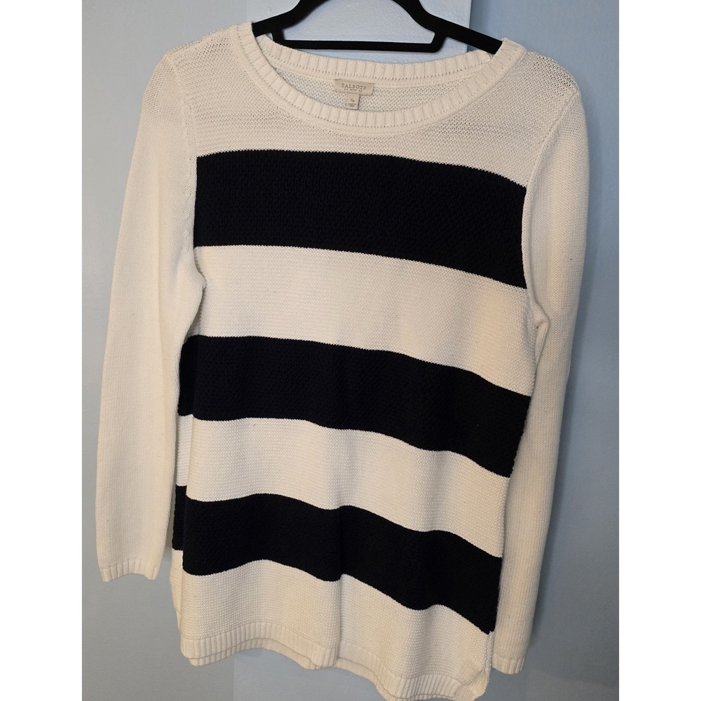Talbots White Navy Striped Pullover Sweater Women Small Petite Cotton Preppy‎